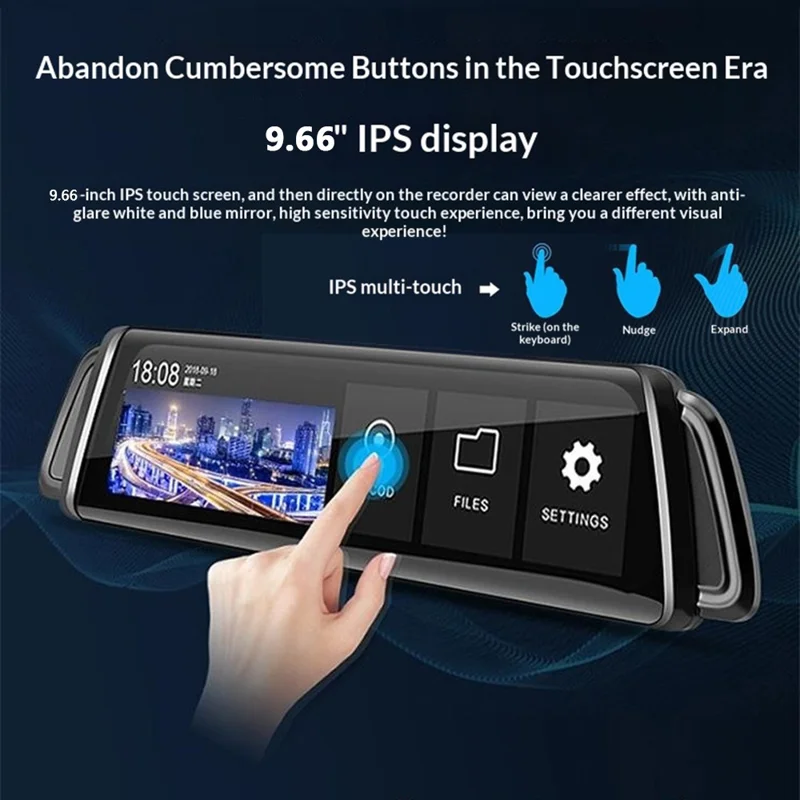 H111-TP HD Streaming Card Recorder Dash Cam 9.66 Inch IPS Touch Screen Dual Lens HD Night Vision Rearview Mirror DVR