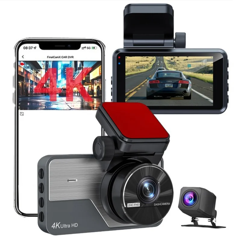 Видеорегистратор 4K спереди + 2K сзади, экран IPS 3,0 дюйма, циклическая запись, ночное видение, камера для записи вождения — черный