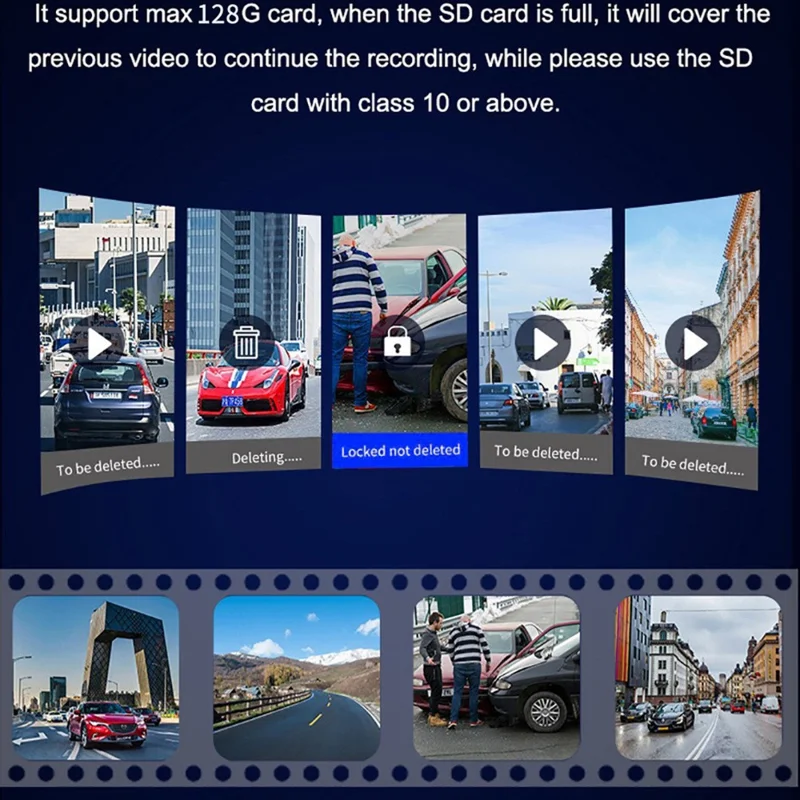 Видеорегистратор 4K спереди + 2K сзади, экран IPS 3,0 дюйма, циклическая запись, ночное видение, камера для записи вождения — черный