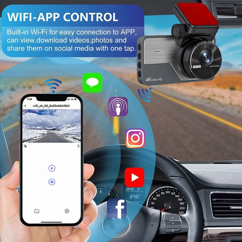 Видеорегистратор 4K спереди + 2K сзади, экран IPS 3,0 дюйма, циклическая запись, ночное видение, камера для записи вождения — черный