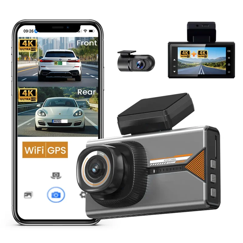 H006 Front 4K + Rear 4K Dash Camera 3 Inch IPS Screen WiFi GPS Car DVR Parking Monitor - Black+Silver