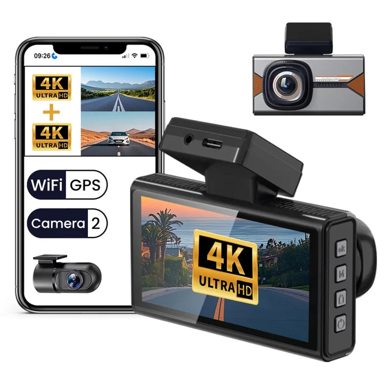 H006 Front 4K + Rear 4K Dash Camera 3 Inch IPS Screen WiFi GPS Car DVR Parking Monitor - Black+Silver