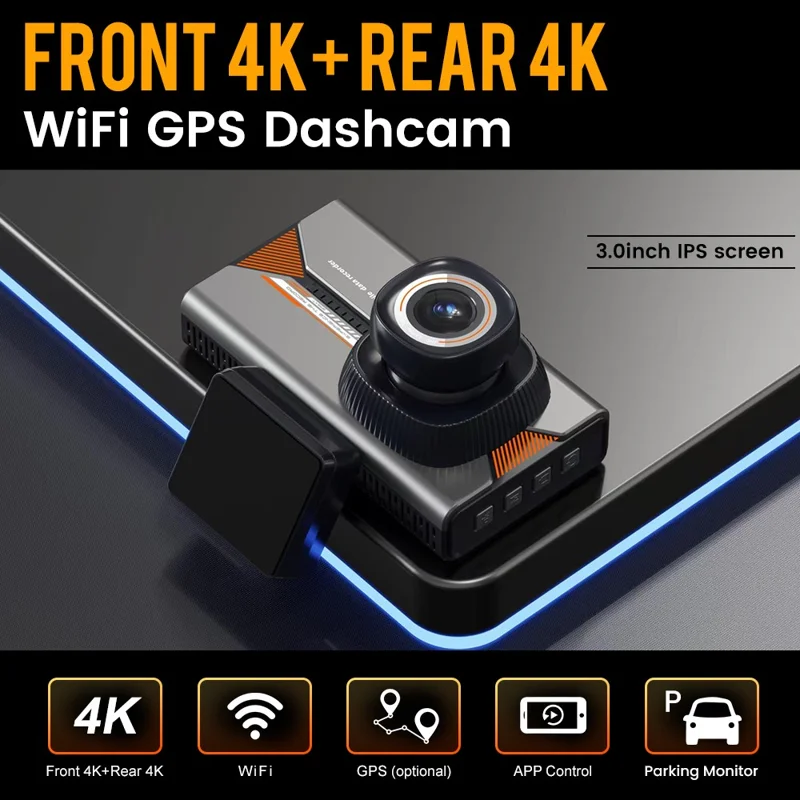 H006 Front 4K + Rear 4K Dash Camera 3 Inch IPS Screen WiFi GPS Car DVR Parking Monitor - Black+Silver