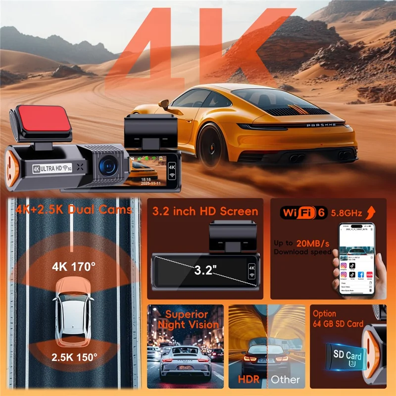 K19 4K Dash Cam ADAS Front Rear Dual Camera GPS 5G WiFi Night Vision Loop Recording Dash Camera Car DVR - Black