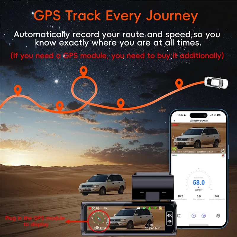 K19 4K Dash Cam ADAS Front Rear Dual Camera GPS 5G WiFi Night Vision Loop Recording Dash Camera Car DVR - Black