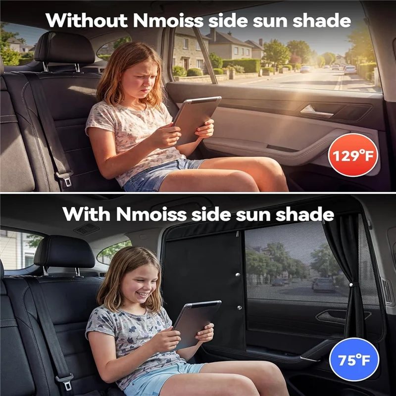 NMOISS Taille M Pare-soleil magnétique pour vitre latérale d'auto avec fermeture éclair, conception à ventouses, rideau de protection UV et d'intimité - Noir