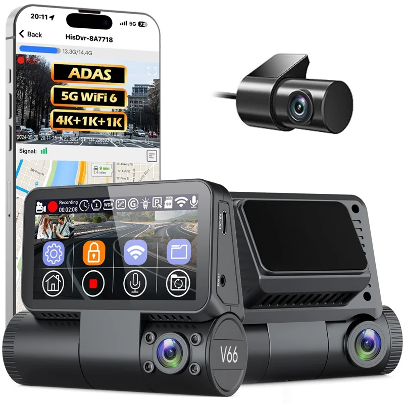 V66 Dash Cam 4K Touch Screen 3-Channel Front Cabin Rear Camera 5GHz WiFi GPS ADAS Night Vision Car DVR - Black