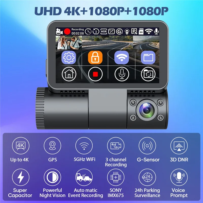 V66 Dash Cam 4K Touch Screen 3-Channel Front Cabin Rear Camera 5GHz WiFi GPS ADAS Night Vision Car DVR - Black