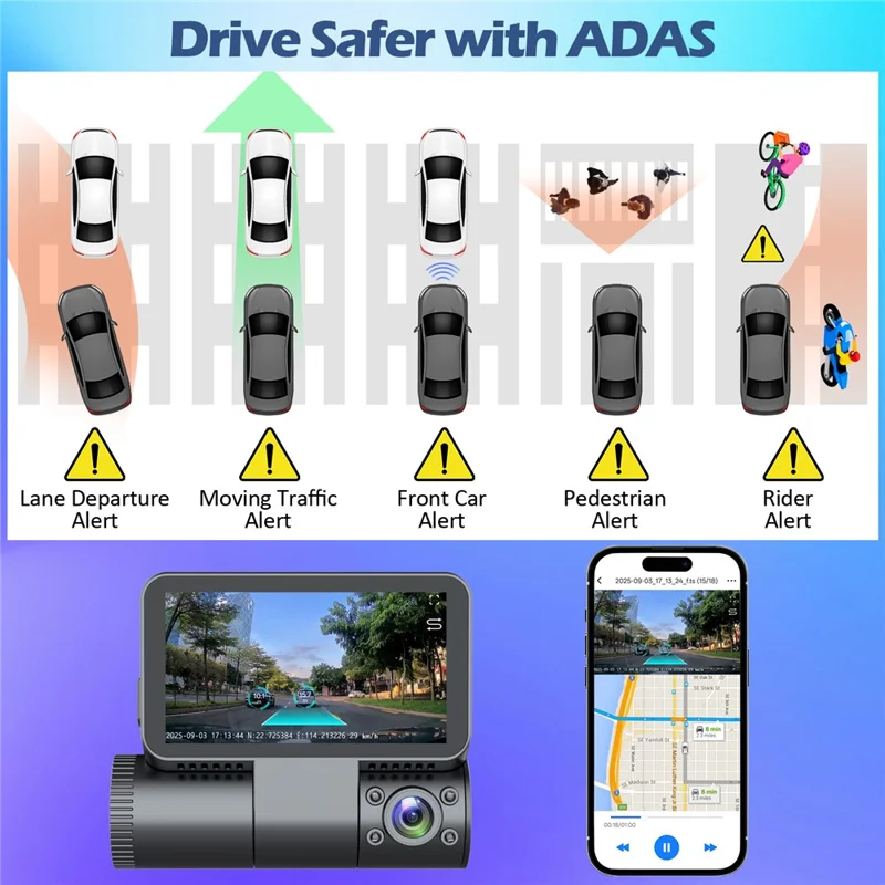 V66 Dash Cam 4K Touch Screen 3-Channel Front Cabin Rear Camera 5GHz WiFi GPS ADAS Night Vision Car DVR - Black