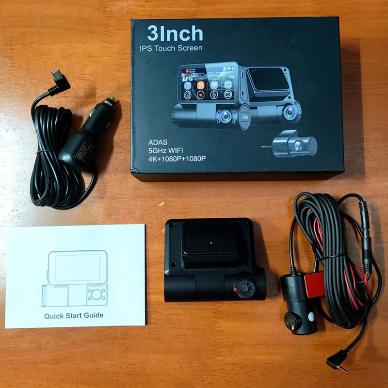 V66 Dash Cam 4K Touch Screen 3-Channel Front Cabin Rear Camera 5GHz WiFi GPS ADAS Night Vision Car DVR - Black