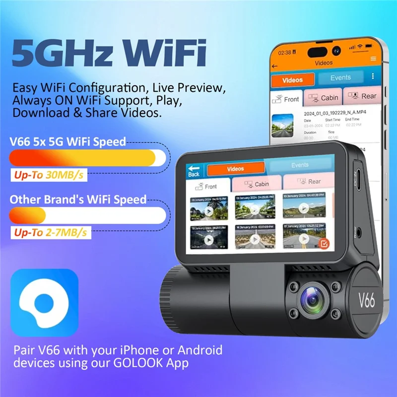 V66 Dash Cam 4K Touch Screen 3-Channel Front Cabin Rear Camera 5GHz WiFi GPS ADAS Night Vision Car DVR - Black