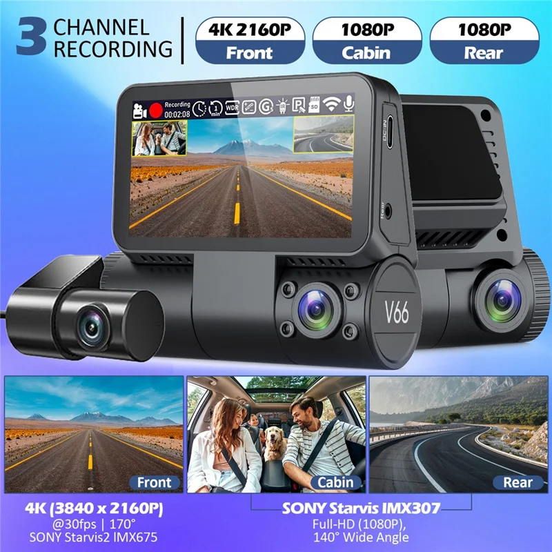 V66 Dash Cam 4K Touch Screen 3-Channel Front Cabin Rear Camera 5GHz WiFi GPS ADAS Night Vision Car DVR - Black
