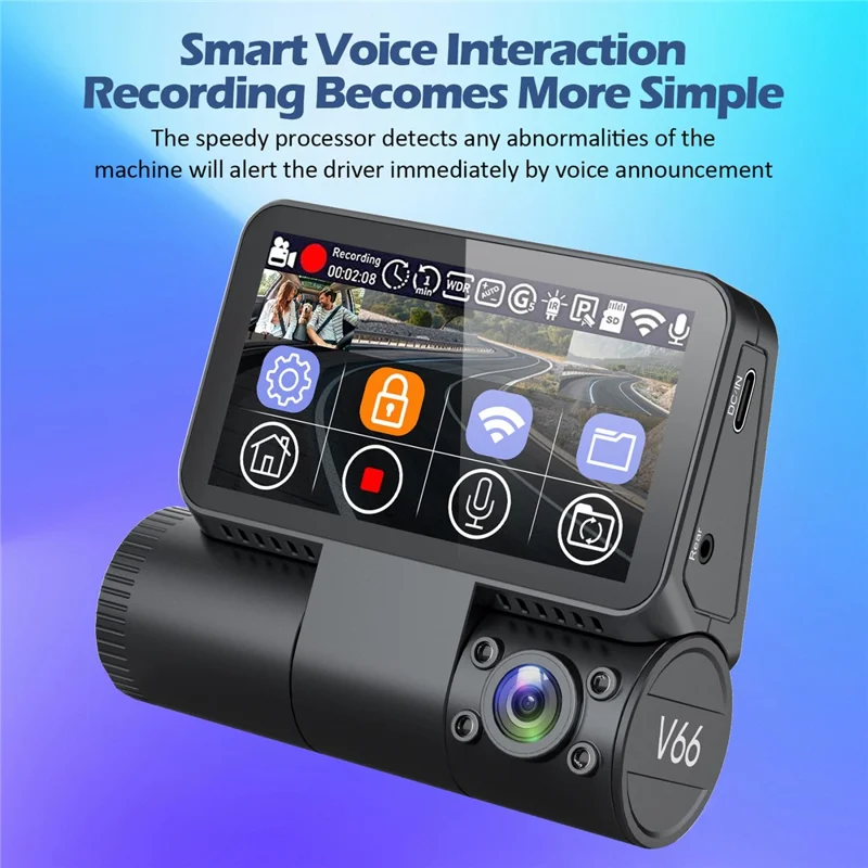 V66 Dash Cam 4K Touch Screen 3-Channel Front Cabin Rear Camera 5GHz WiFi GPS ADAS Night Vision Car DVR - Black