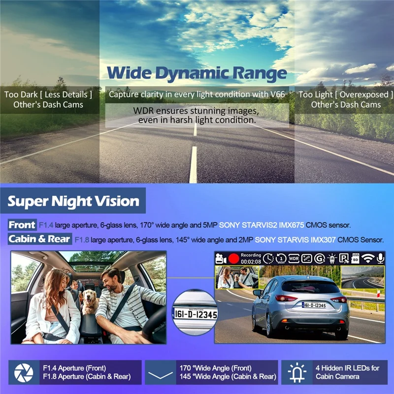 V66 Dash Cam 4K Touch Screen 3-Channel Front Cabin Rear Camera 5GHz WiFi GPS ADAS Night Vision Car DVR - Black