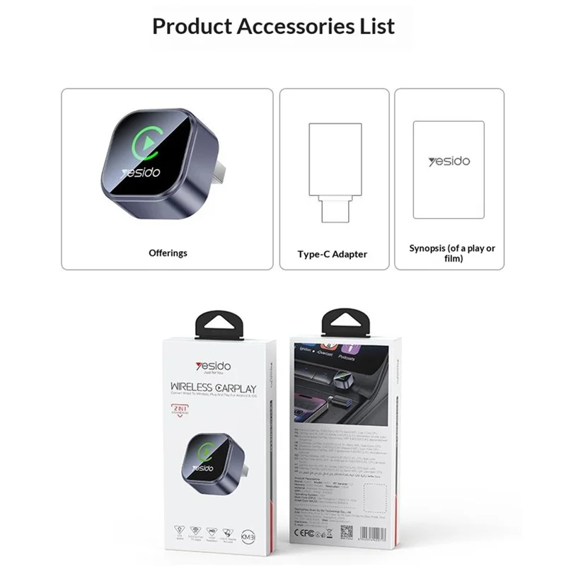 YESIDO KM31 Wireless CarPlay Android Auto 2 in 1 Mini Size OTA Updates Adapter - Black