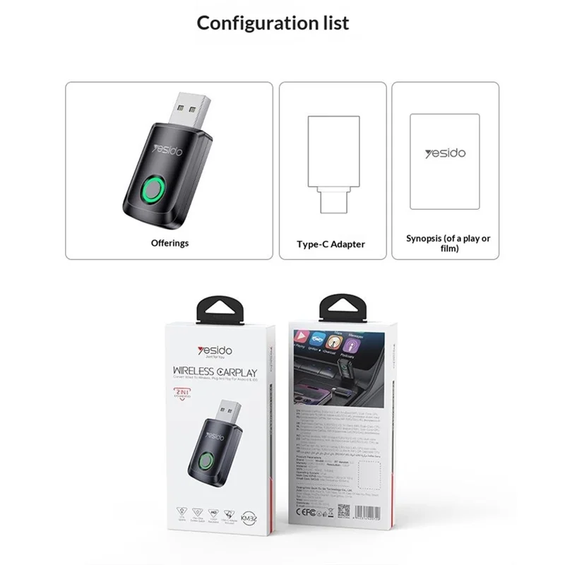YESIDO KM32 Wireless CarPlay Adapter Dual Core Car Android Auto Adapter for Apple Android - Black