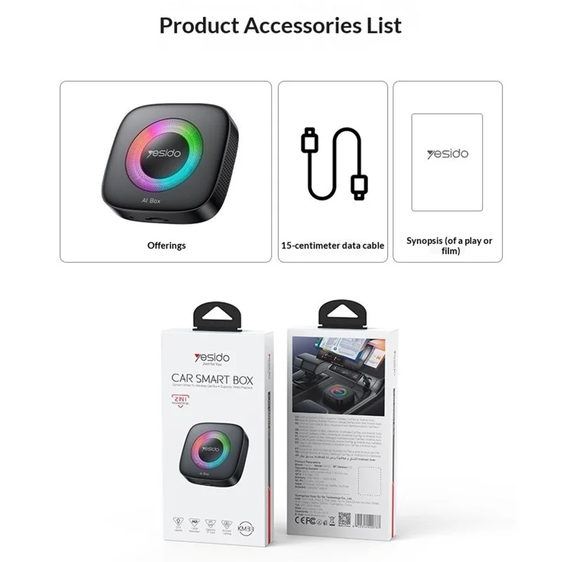 YESIDO KM33 Wireless CarPlay Android Auto AI Box 3 in 1 Dual Band WiFi Bluetooth-compatible 5.0 with RGB Light - Black