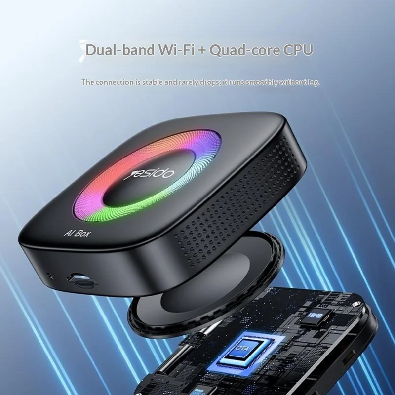 YESIDO KM33 Wireless CarPlay Android Auto AI Box 3 in 1 Dual Band WiFi Bluetooth-compatible 5.0 with RGB Light - Black