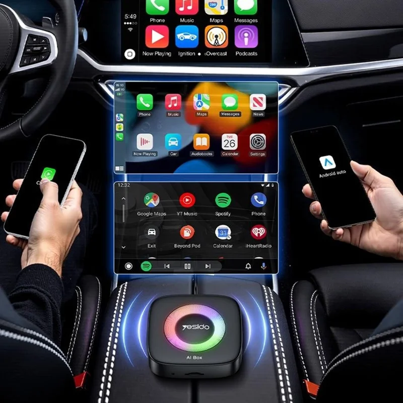 YESIDO KM33 Wireless CarPlay Android Auto AI Box 3 in 1 Dual Band WiFi Bluetooth-compatible 5.0 with RGB Light - Black