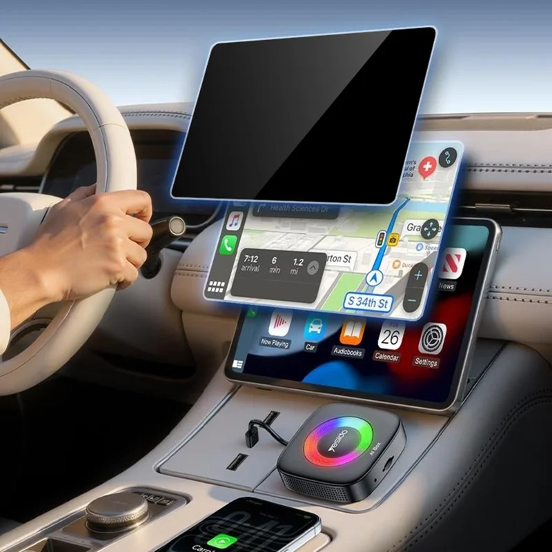 YESIDO KM33 Wireless CarPlay Android Auto AI Box 3 in 1 Dual Band WiFi Bluetooth-compatible 5.0 with RGB Light - Black