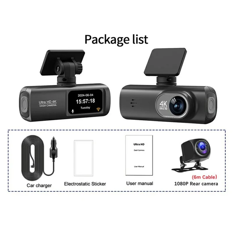D19 MAX 4K Front + 1080P Rear Dual Lens Dash Camera Wide Angle Night Vision WiFi GPS Car Recorder - Black