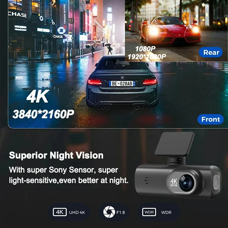 D191 MAX 4K Front + 1080P Rear Dual Lens Dash Camera Wide Angle Night Vision WiFi Car Recorder - Black