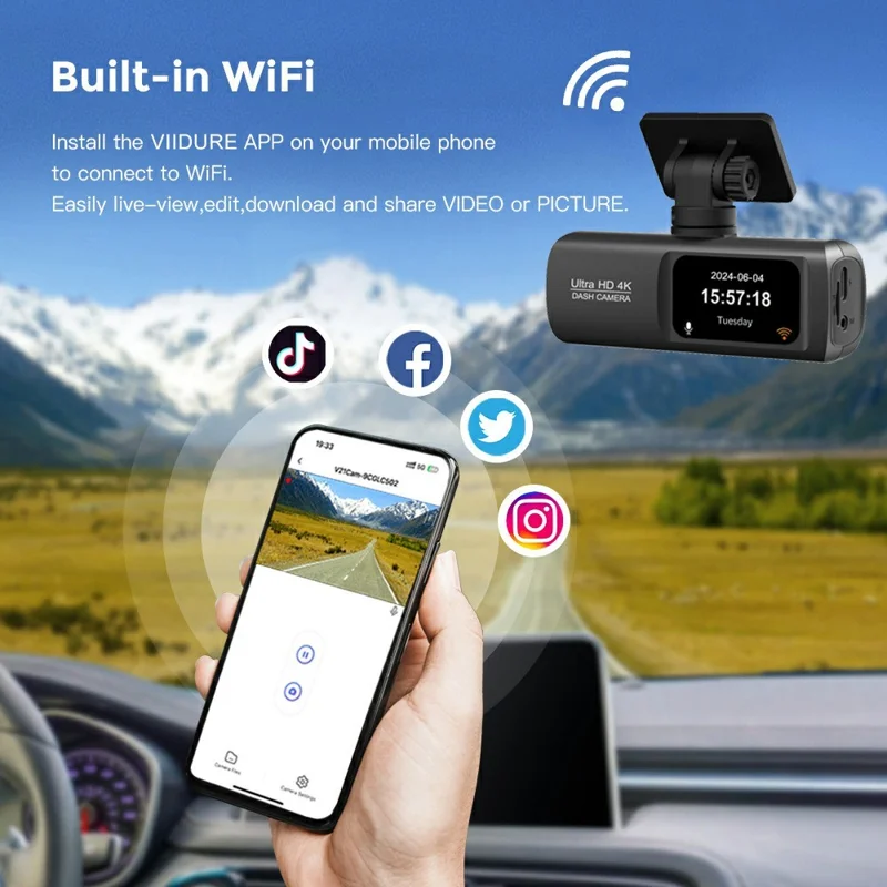 D191 MAX 4K Front + 1080P Rear Dual Lens Dash Camera Wide Angle Night Vision WiFi Car Recorder - Black