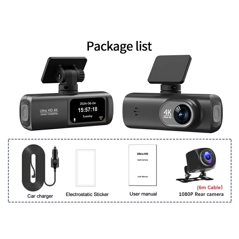 D191 MAX 4K Front + 1080P Rear Dual Lens Dash Camera Wide Angle Night Vision WiFi Car Recorder - Black