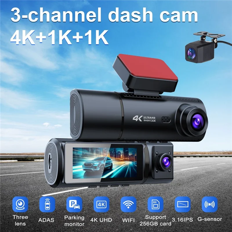 V20 Front 4K + Interior 1K + Rear 1K 3-Channel Dash Cam WiFi G-Sensor Car DVR, Car Charger Powered - Black