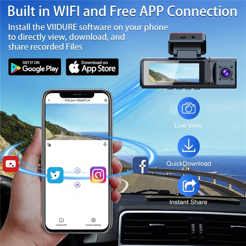 V20 Front 4K + Interior 1K + Rear 1K 3-Channel Dash Cam WiFi G-Sensor Car DVR, Car Charger Powered - Black