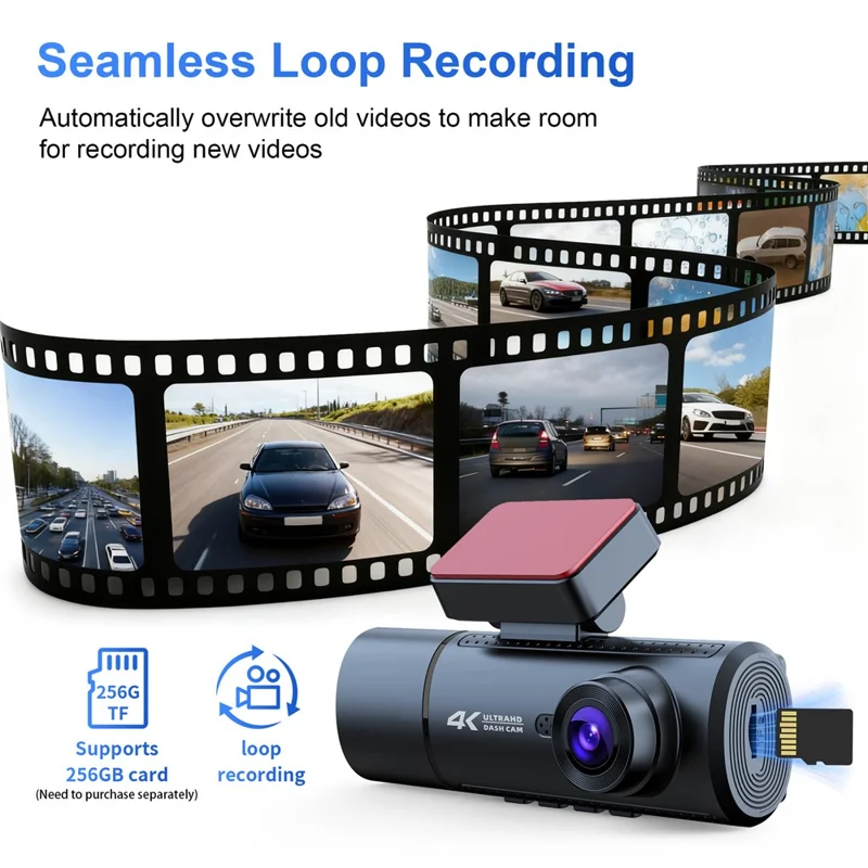 V20 Front 4K + Interior 1K + Rear 1K 3-Channel Dash Cam WiFi G-Sensor Car DVR, Car Charger Powered - Black