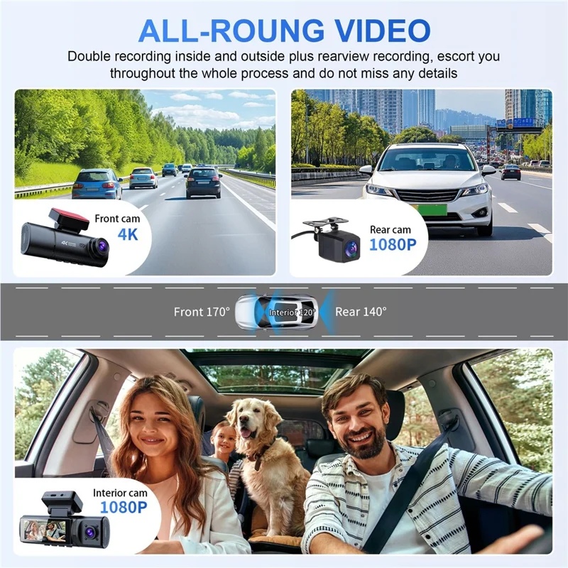V20 Front 4K + Interior 1K + Rear 1K 3-Channel Dash Cam WiFi G-Sensor Car DVR, Car Charger Powered - Black
