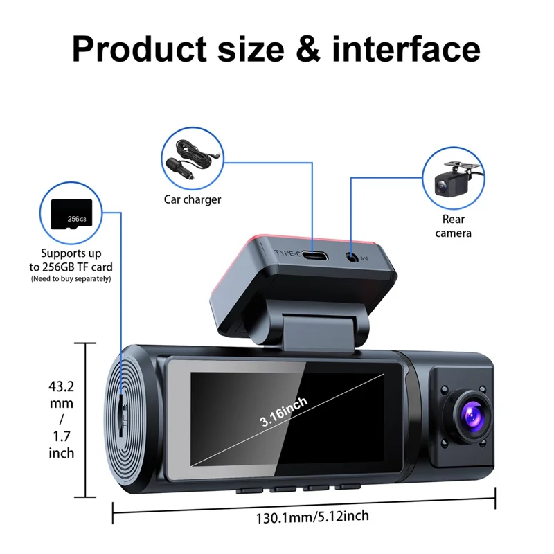 V20 Front 4K + Interior 1K + Rear 1K 3-Channel Dash Cam WiFi G-Sensor Car DVR, Car Charger Powered - Black