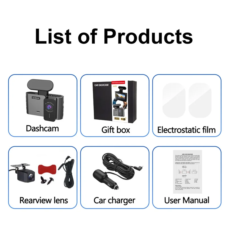 A29-1 4K Front + 2K Rear Dual Lens Car Dash Cam 3 inch IPS WiFi G-Sensor Night Vision Loop Recording, Car Charger Powered - Black