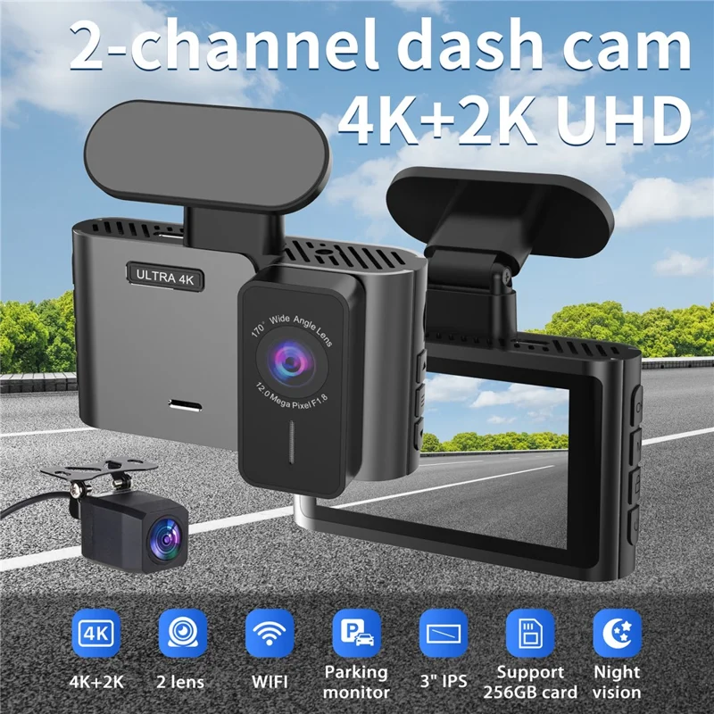 A29-1 4K Front + 2K Rear Dual Lens Car Dash Cam 3 inch IPS WiFi G-Sensor Night Vision Loop Recording, Car Charger Powered - Black