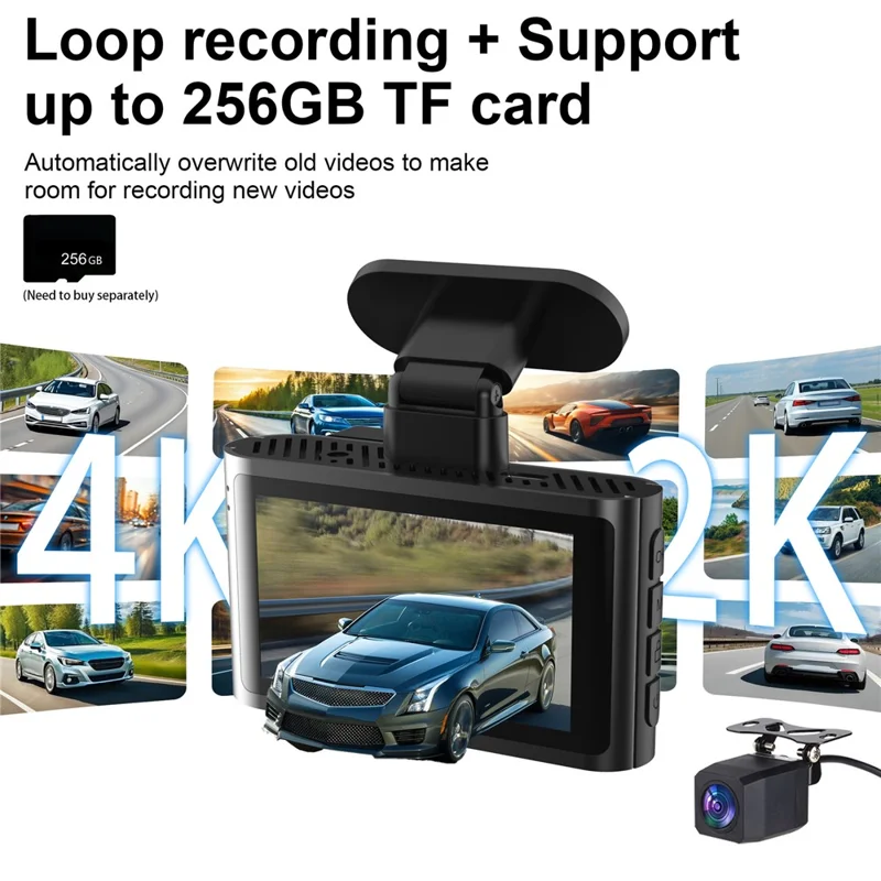 A29-1 4K Front + 2K Rear Dual Lens Car Dash Cam 3 inch IPS WiFi G-Sensor Night Vision Loop Recording, Car Charger Powered - Black