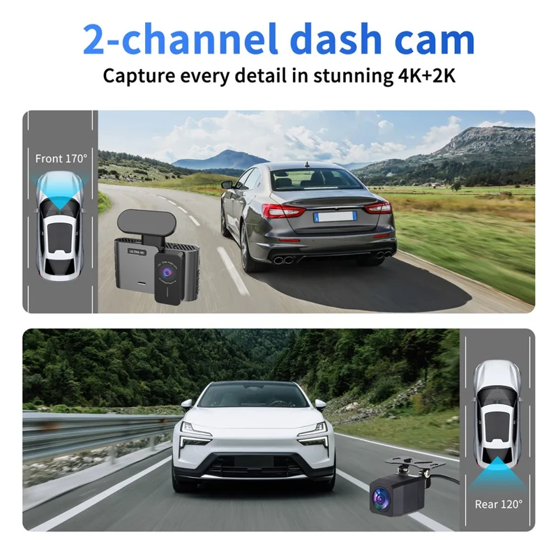 A29-1 4K Front + 2K Rear Dual Lens Car Dash Cam 3 inch IPS WiFi G-Sensor Night Vision Loop Recording, Car Charger Powered - Black