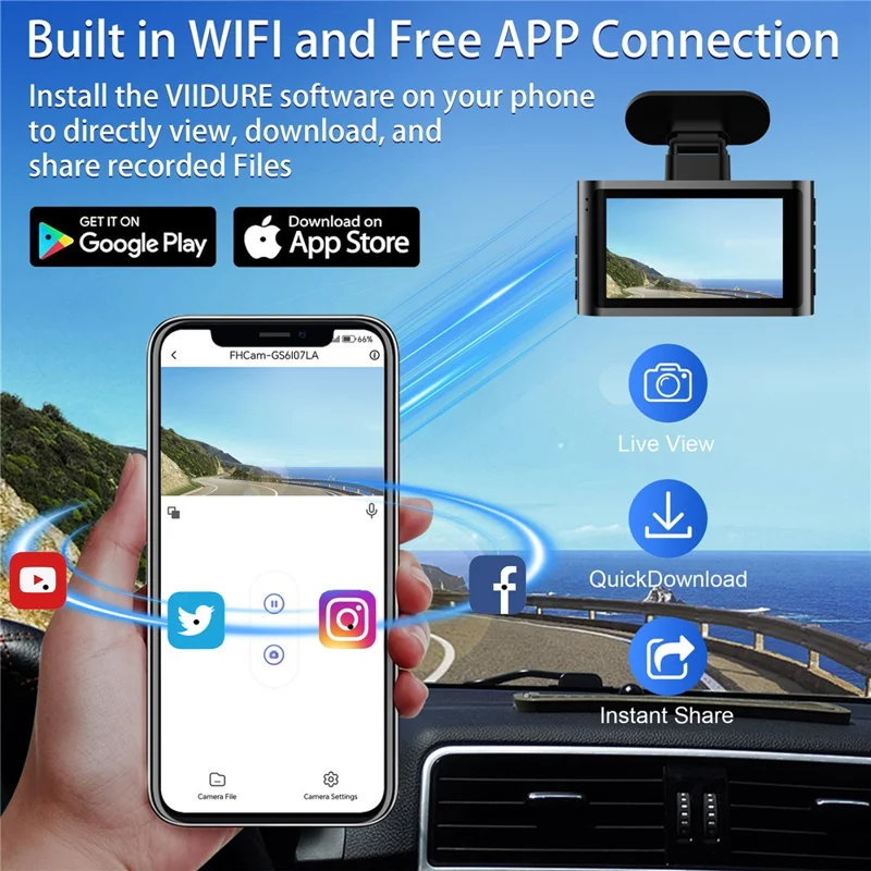 A29 4K UHD Front Lens Car Dash Cam 170 Degree Wide Angle WiFi G-Sensor Loop Recording, Car Charger Powered - Black