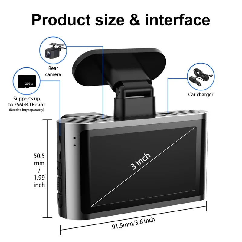 A29 4K UHD Front Lens Car Dash Cam 170 Degree Wide Angle WiFi G-Sensor Loop Recording, Car Charger Powered - Black