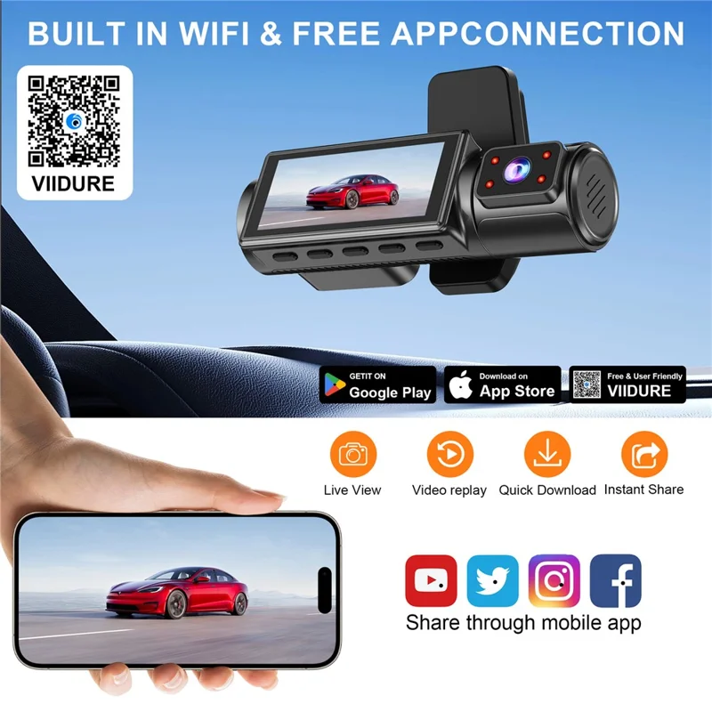 M40-3 3-kanaligt Dashcam med inbyggd GPS 4K fram + 1080P inre + 1080P bak 24H-inspelning Wi-Fi 3,16 tum IPS-skärm, matas via ACC - Svart