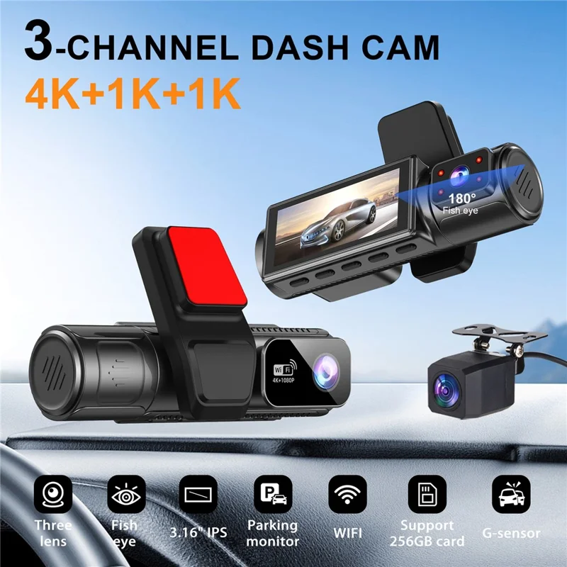 M40-3 3-kanaligt Dashcam med inbyggd GPS 4K fram + 1080P inre + 1080P bak 24H-inspelning Wi-Fi 3,16 tum IPS-skärm, matas via ACC - Svart