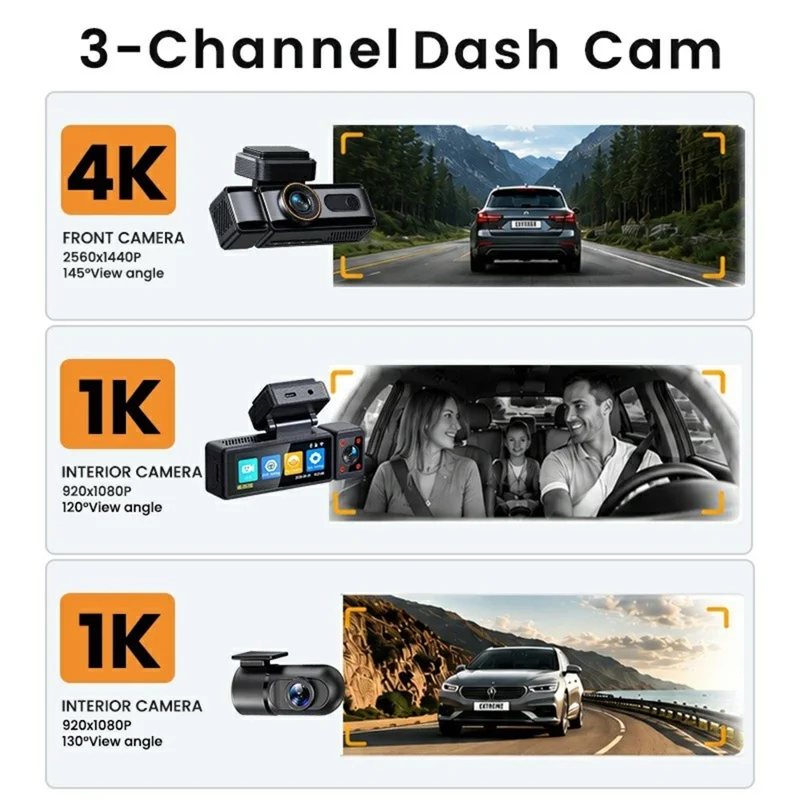 3-Channel Car Dashcam 4K Front + 1K Interior + 1K Rear Recording WiFi GPS Night Vision Camera - Black