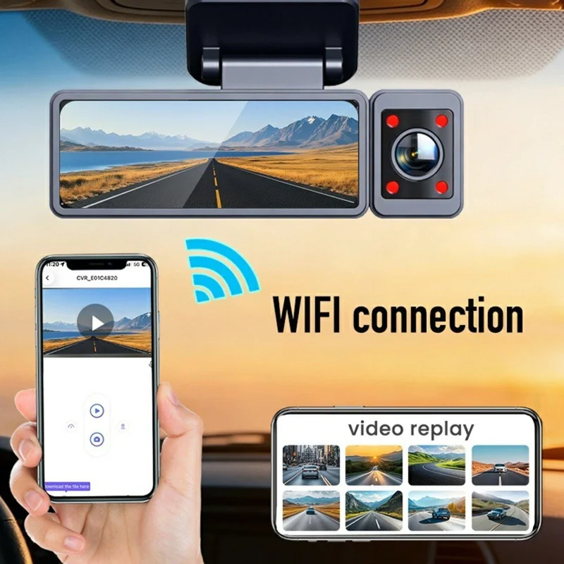 3-Channel Car Dashcam 4K Front + 1K Interior + 1K Rear Recording WiFi GPS Night Vision Camera - Black