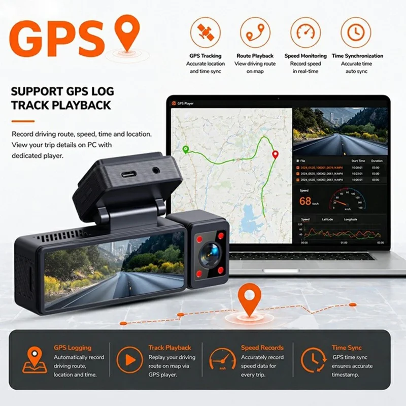 3-Channel Car Dashcam 4K Front + 1K Interior + 1K Rear Recording WiFi GPS Night Vision Camera - Black