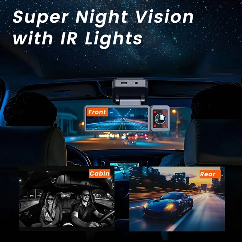 3-Channel Car Dashcam 4K Front + 1K Interior + 1K Rear Recording WiFi GPS Night Vision Camera - Black