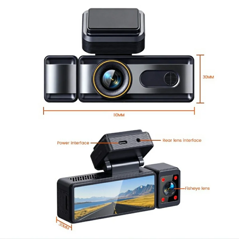3-Channel Car Dashcam 4K Front + 1K Interior + 1K Rear Recording WiFi GPS Night Vision Camera - Black