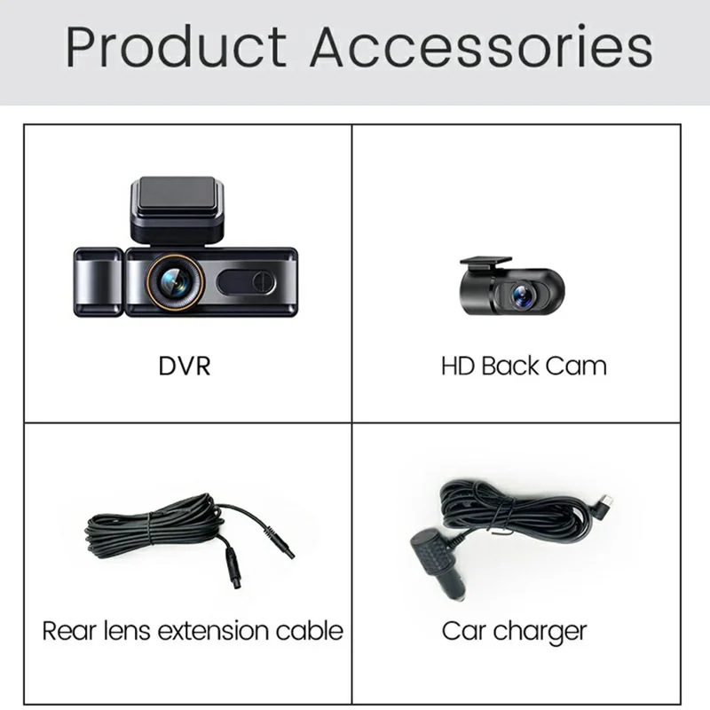 3-Channel Car Dashcam 4K Front + 1K Interior + 1K Rear Recording WiFi GPS Night Vision Camera - Black