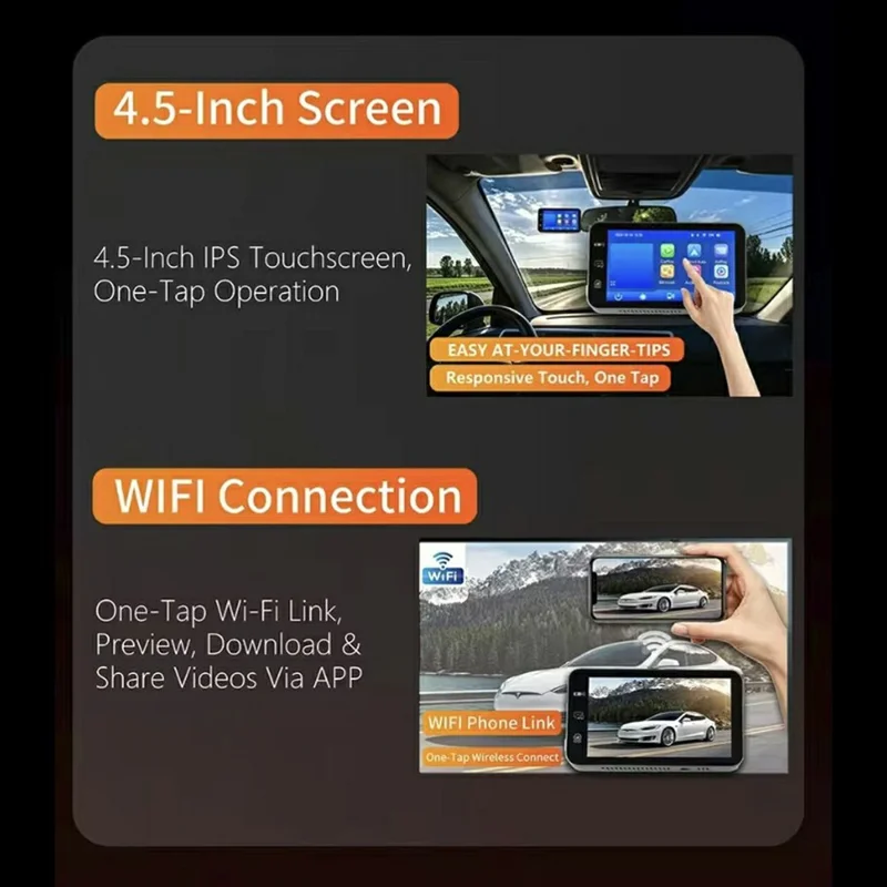 4.5 Inch Touchscreen 2K Front + 1080P Rear Recording Wireless CarPlay Android Auto Dash Cam with Wi-Fi GPS