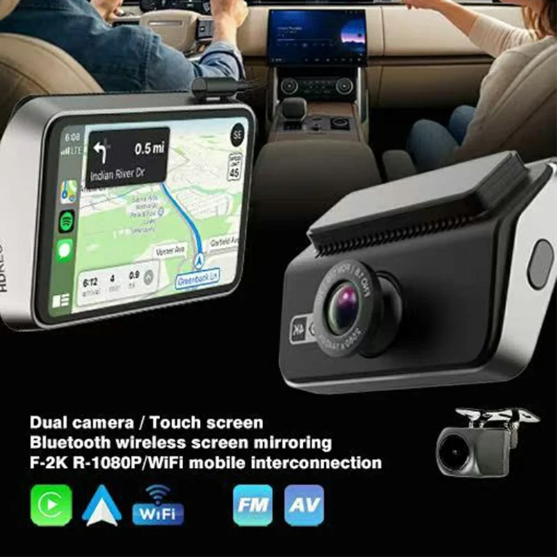 4.5 Inch Touchscreen 2K Front + 1080P Rear Recording Wireless CarPlay Android Auto Dash Cam with Wi-Fi GPS