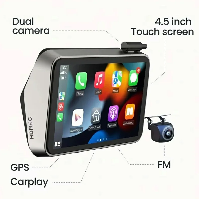 4.5 Inch Touchscreen 2K Front + 1080P Rear Recording Wireless CarPlay Android Auto Dash Cam with Wi-Fi GPS